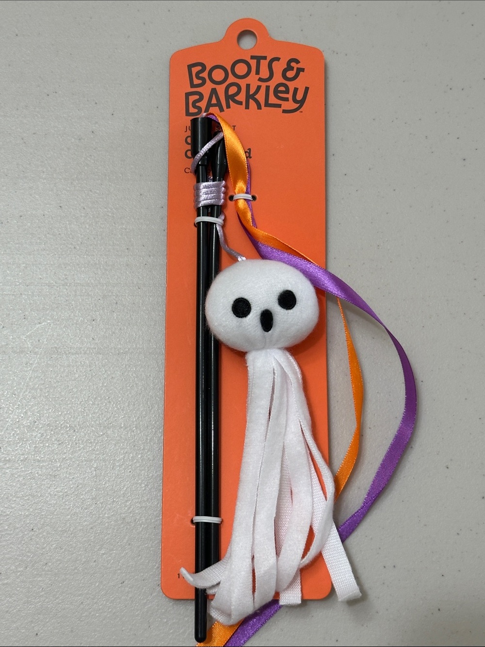 Boots & Barkley White Ghost Cat Wand with Orange and Purple Ribbons